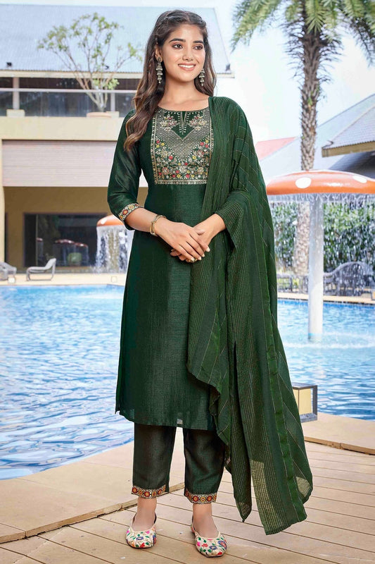 Green Silk Blend Printed Pant Style Suit NCSS11110334