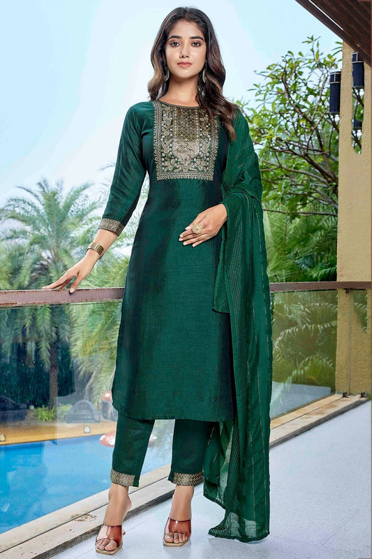 Green Silk Blend Printed Pant Style Suit NCSS11110336