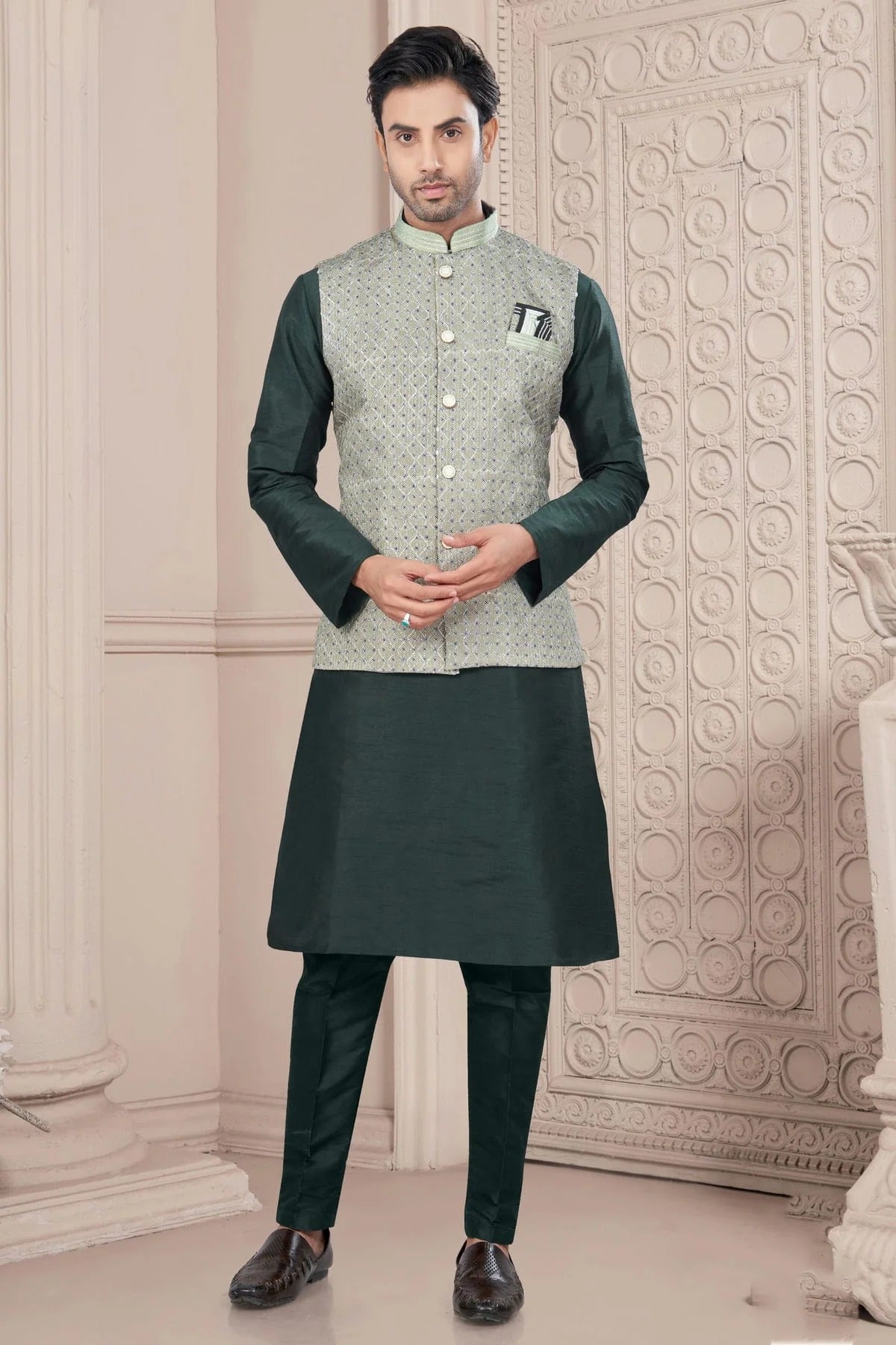 Green Silk Dupion Jacket Kurta Pajama NCKP10410140