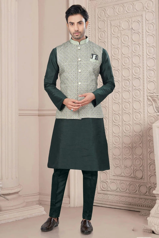 Green Silk Dupion Jacket Kurta Pajama NCKP10410140