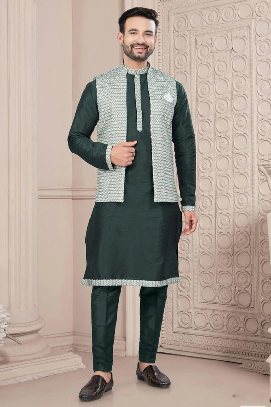Green Silk Dupion Jacket Kurta Pajama NCKP10410144