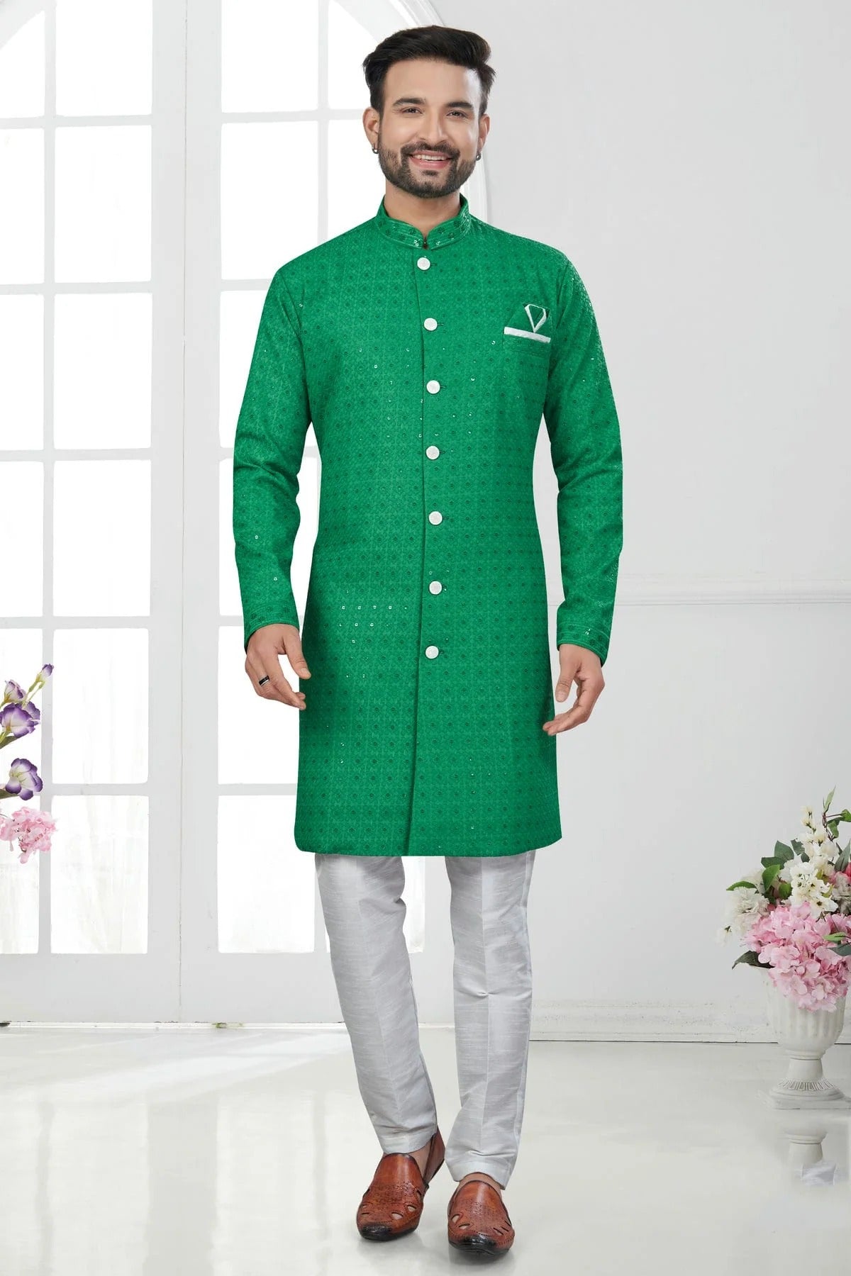 Green Silk Dupion Sherwani NCSH10410195