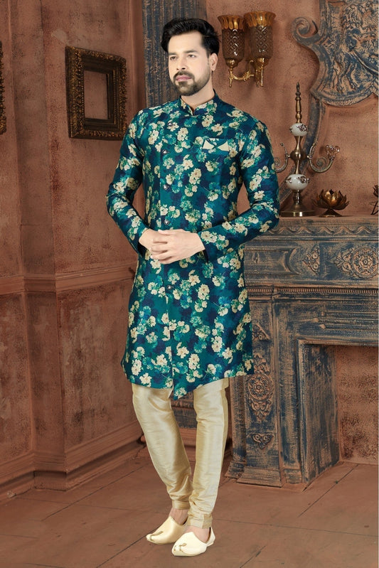 Green Silk Party Wear Dhoti Sherwani NCSH10410342