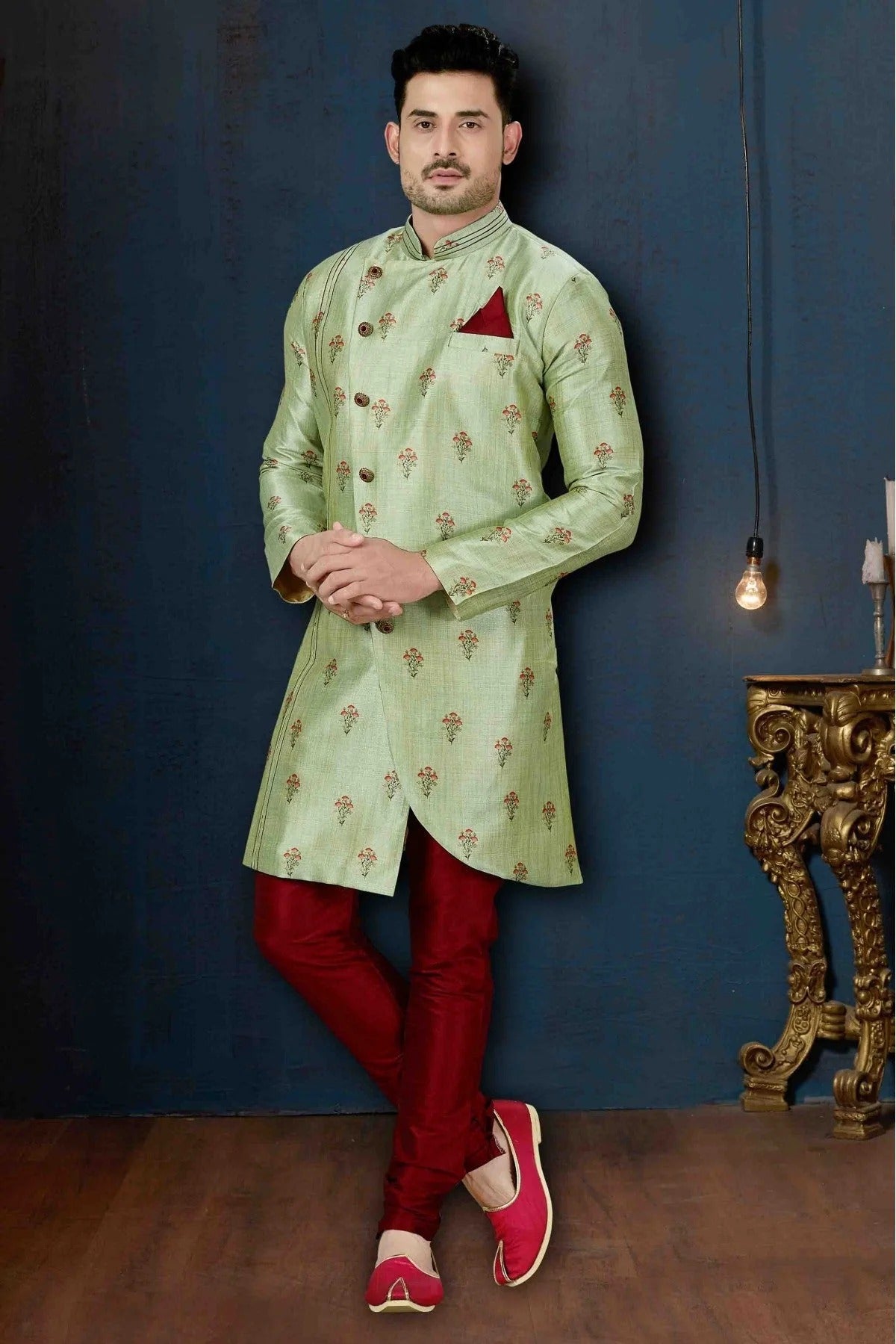 Green Silk Party Wear Indo Western Sherwani NCSH10410333