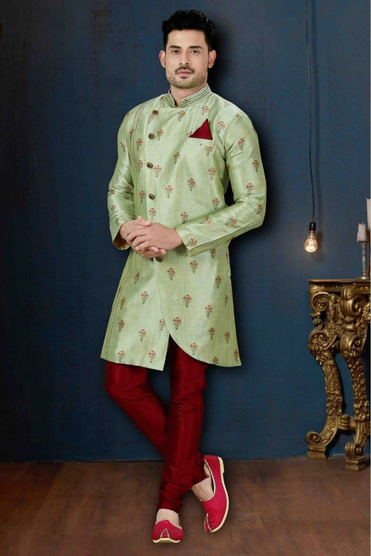 Green Silk Party Wear Indo Western Sherwani NCSH10410333