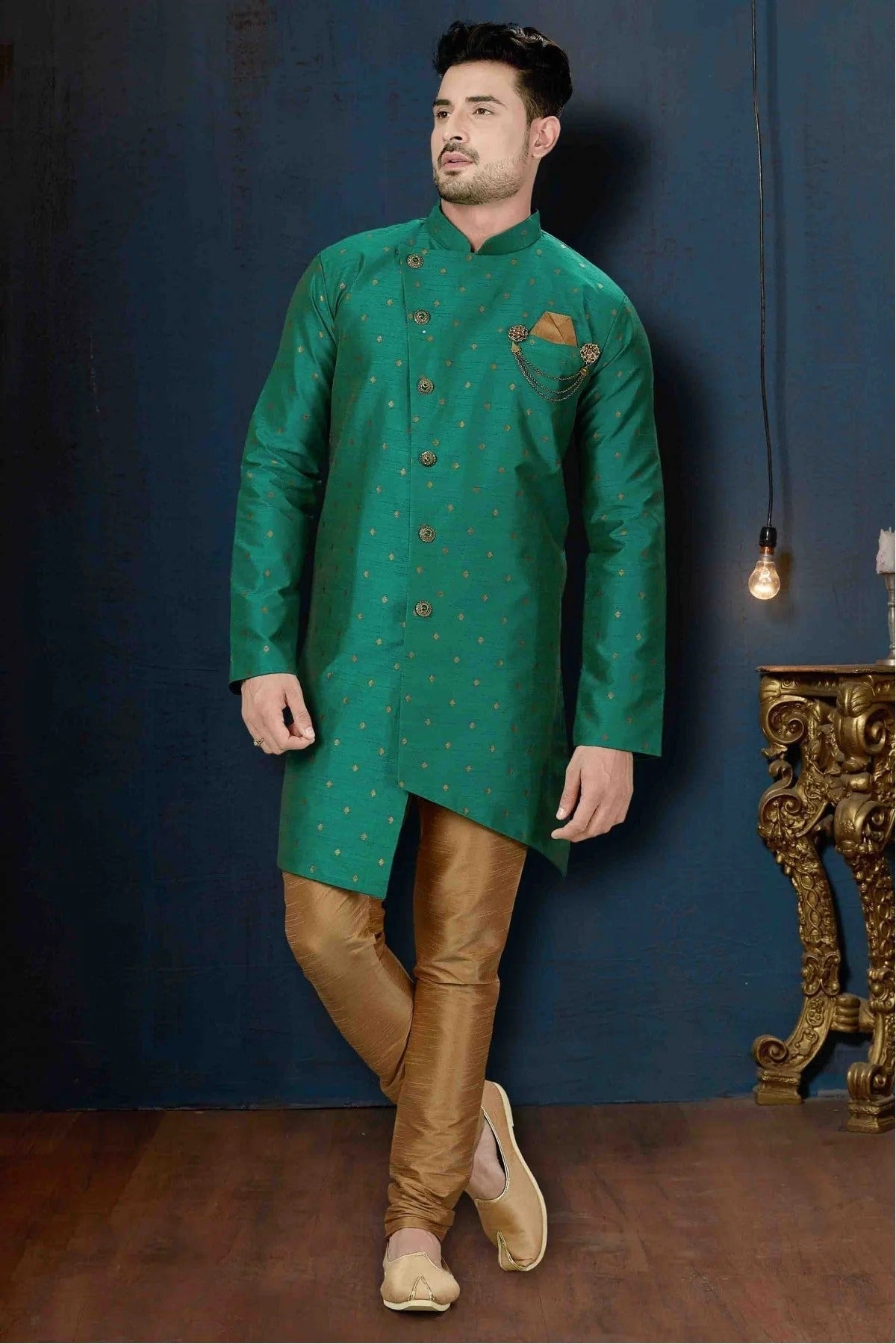 Green Silk Party Wear Indo Western Sherwani NCSH10410339