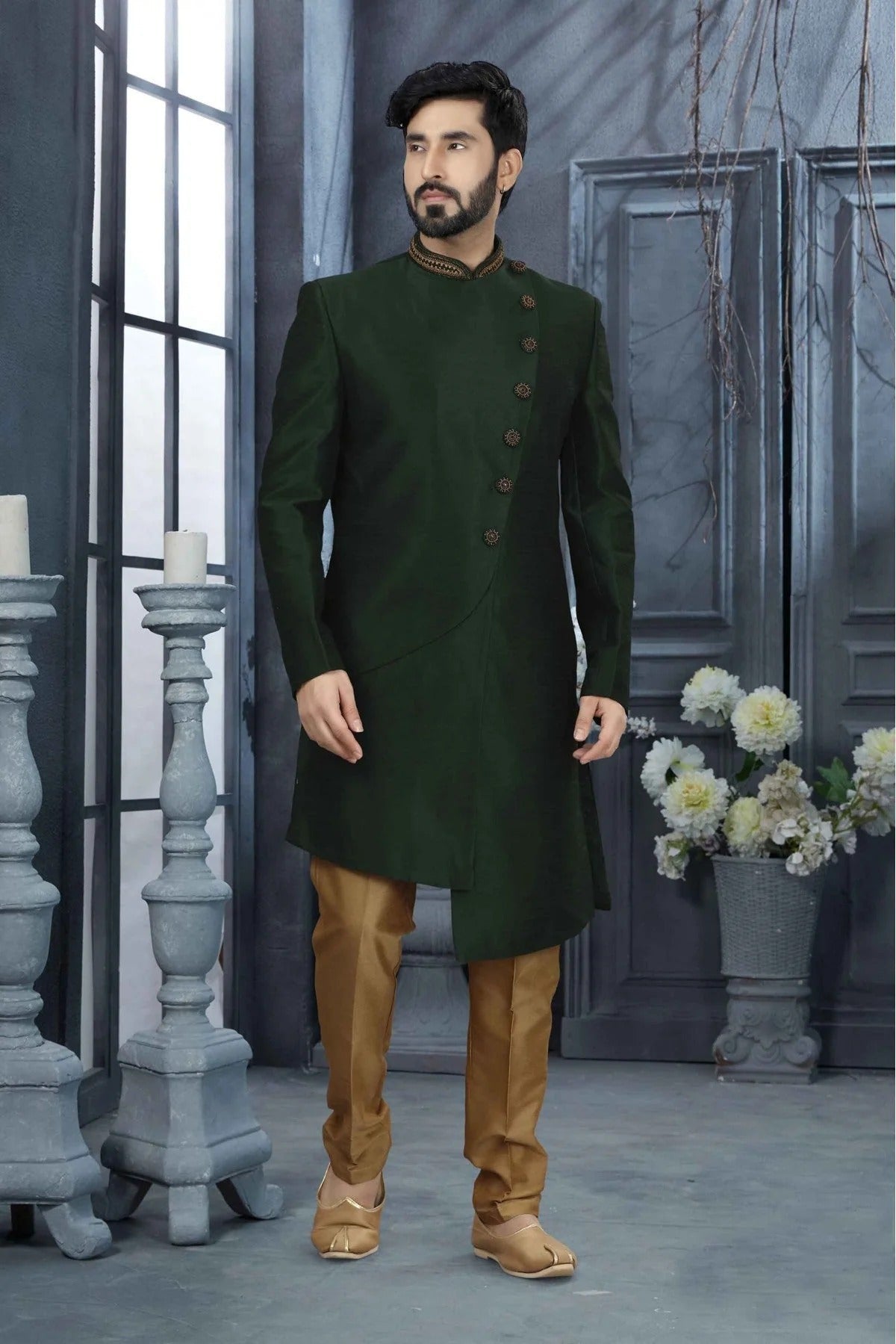Green Silk Stone Sherwani NCSH10410443