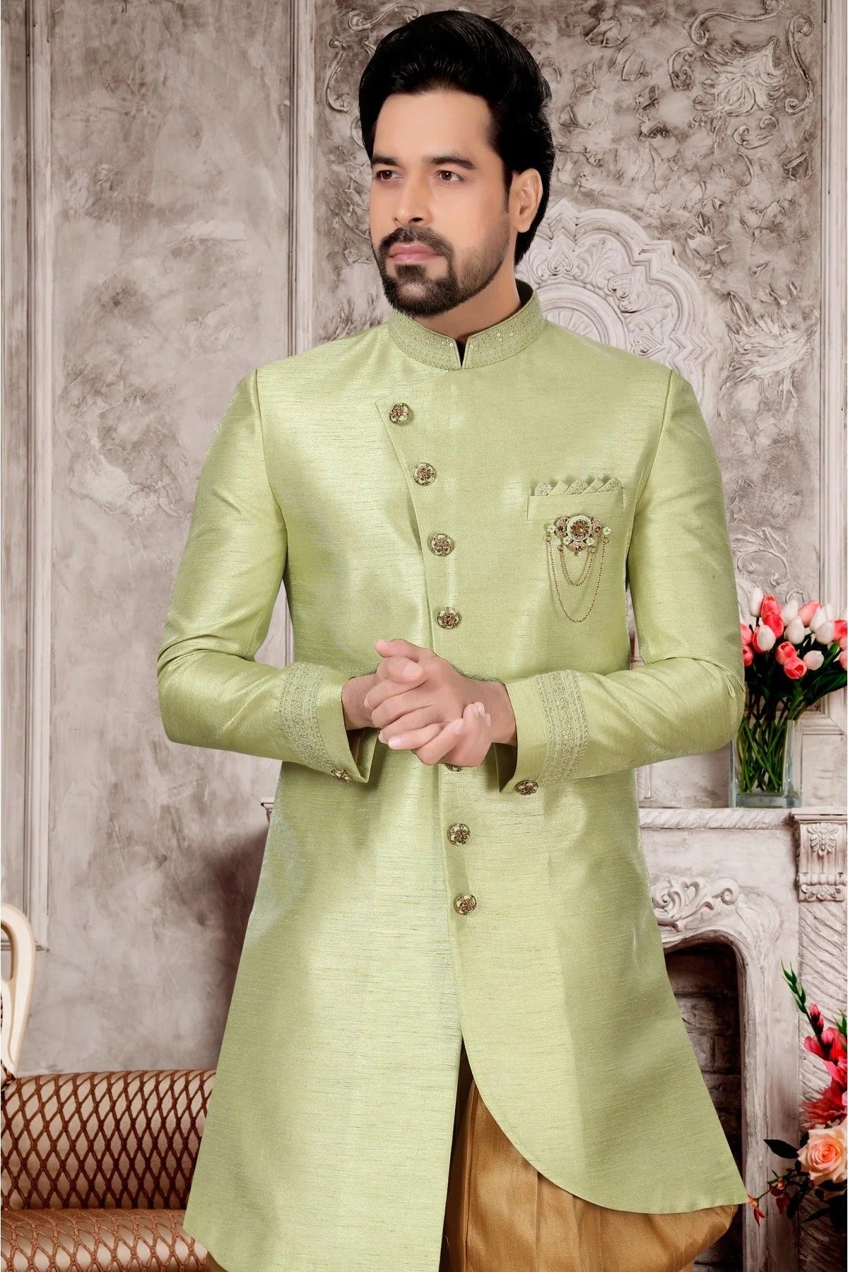 Green Slub Silk Dhoti Sherwani NCSH10410384