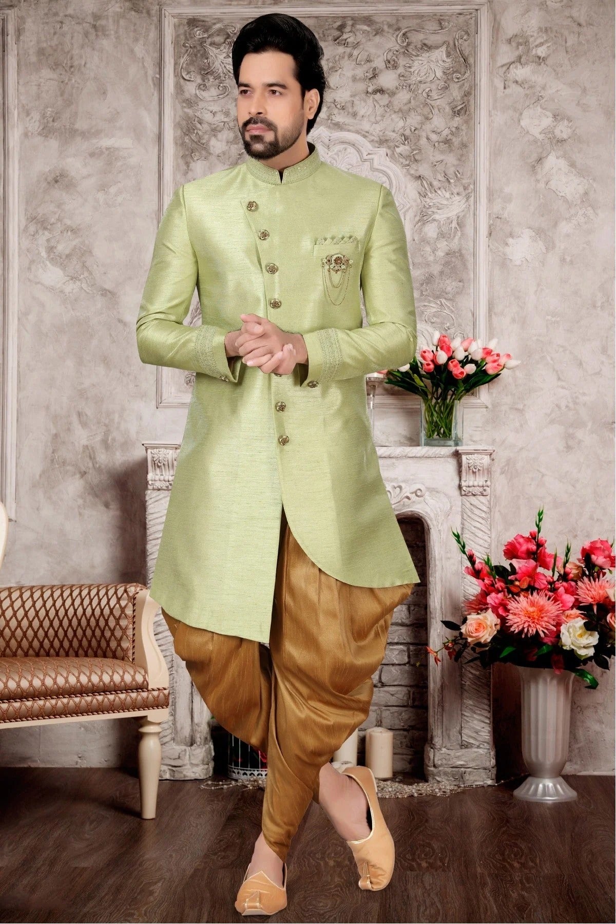 Green Slub Silk Dhoti Sherwani NCSH10410384