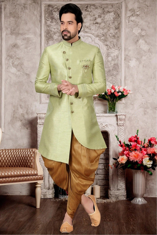 Green Slub Silk Dhoti Sherwani NCSH10410384