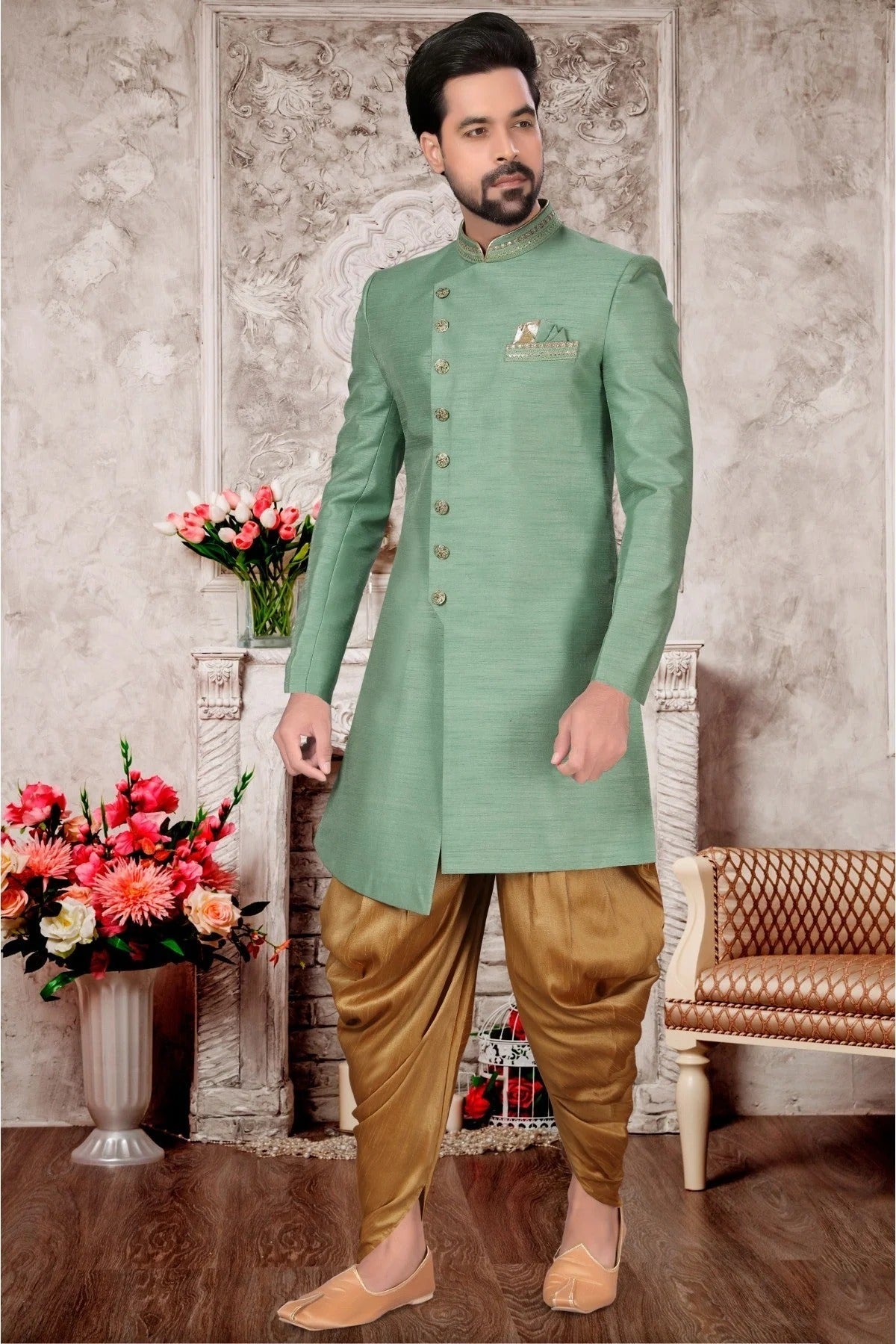 Green Slub Silk Dhoti Sherwani NCSH10410397