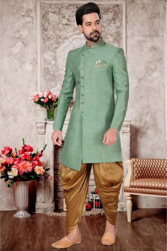Green Slub Silk Dhoti Sherwani NCSH10410397