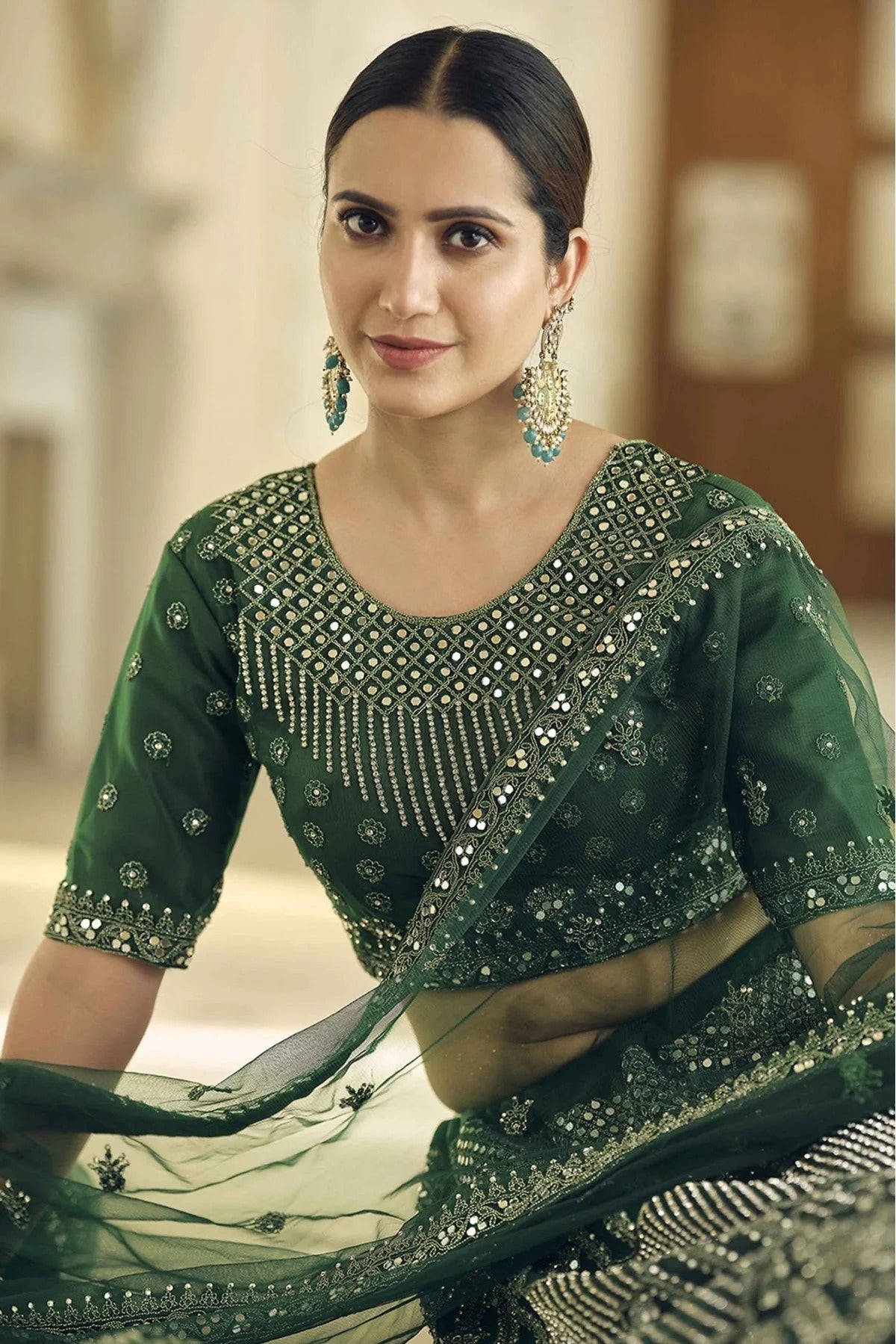 Green Soft Net Mirror Lehenga Choli NCLC10810494