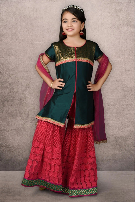 Green Taffeta Embroidery Sharara Suit NCGW10710800