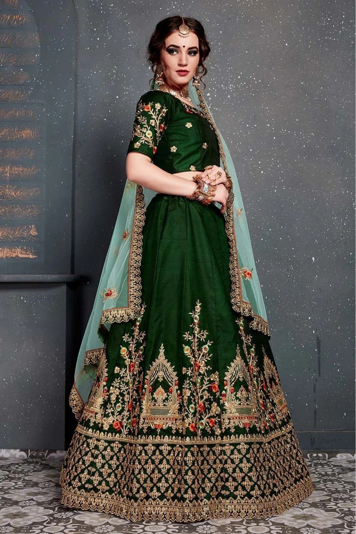 Green Taffeta and Satin Silk Lehenga Choli NCLC10110275