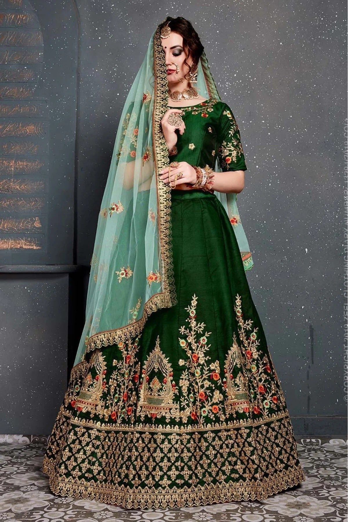 Green Taffeta and Satin Silk Lehenga Choli NCLC10110275