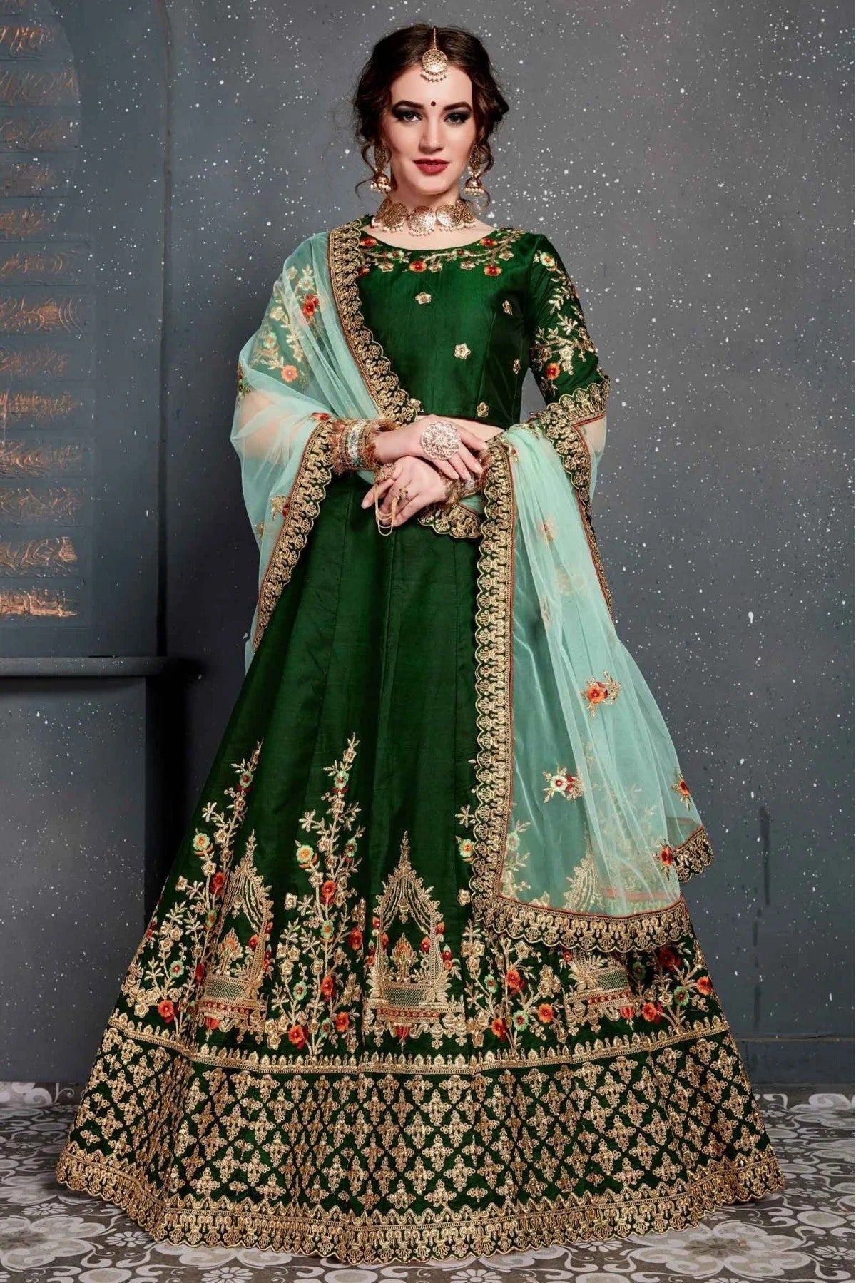 Green Taffeta and Satin Silk Lehenga Choli NCLC10110275