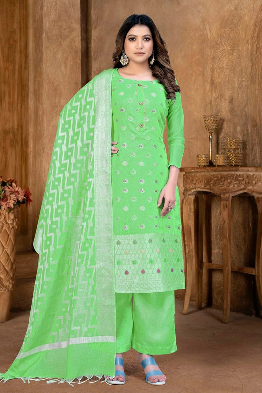 Green Unstitched Banarasi Jacquard Palazoo Pant Suit NCUS11610109
