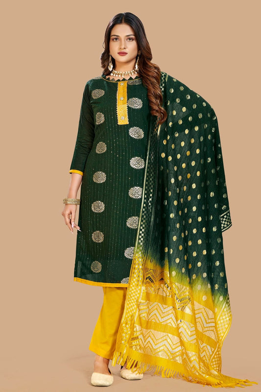Green Unstitched Cotton Jacquard Straight Suit NCUS11610382