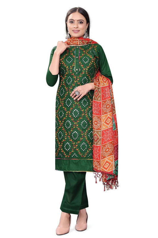 Green Unstitched Cotton Pant Style Suit NCUS11610479