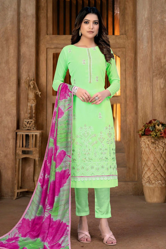 Green Unstitched Georgette Pant Style Suit NCUS11610145