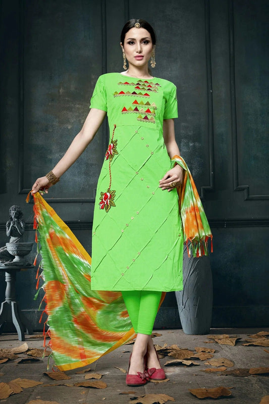 Green Unstitched Jam Cotton Straight Suit NCUS11610186