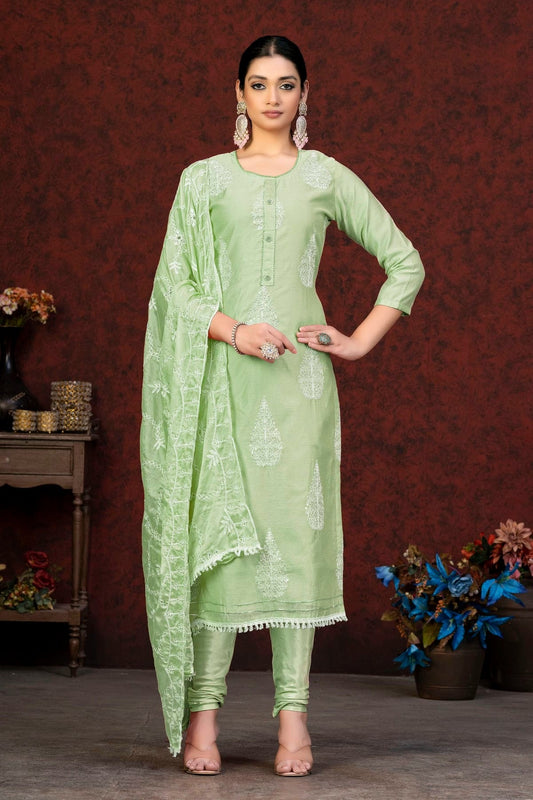Green Unstitched Modal Chanderi Churidar Suit NCUS11610289