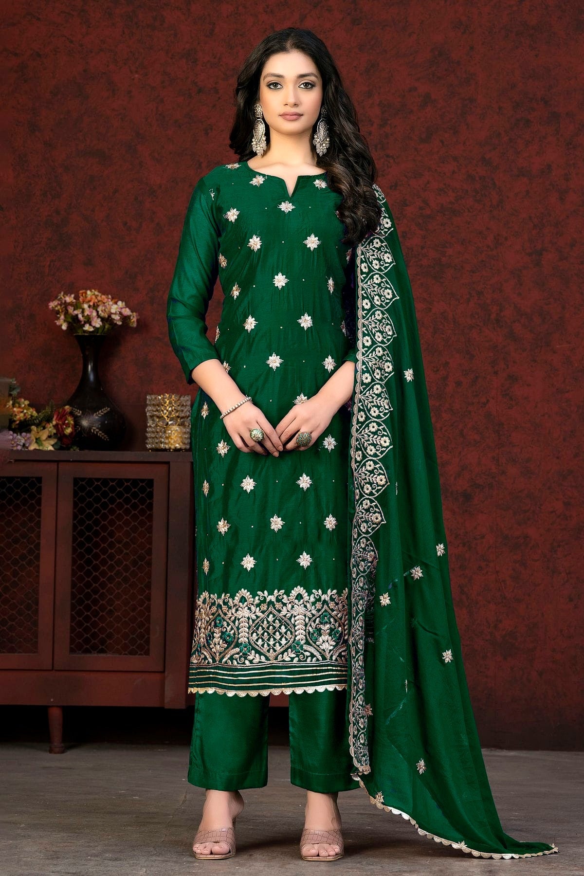 Green Unstitched Modal Chanderi Straight Suit NCUS11610360