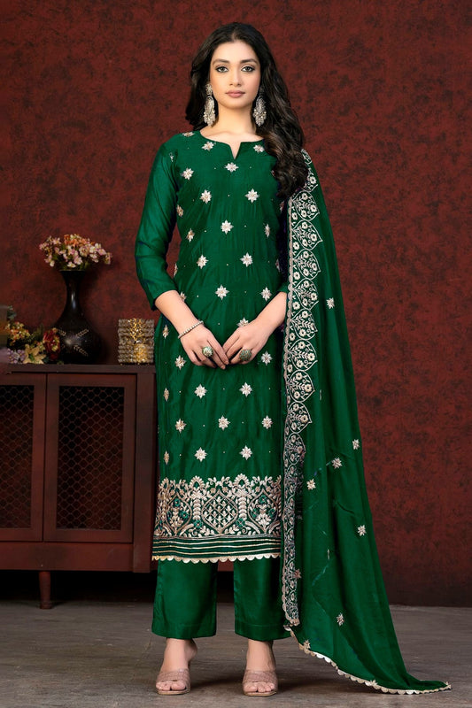 Green Unstitched Modal Chanderi Straight Suit NCUS11610360