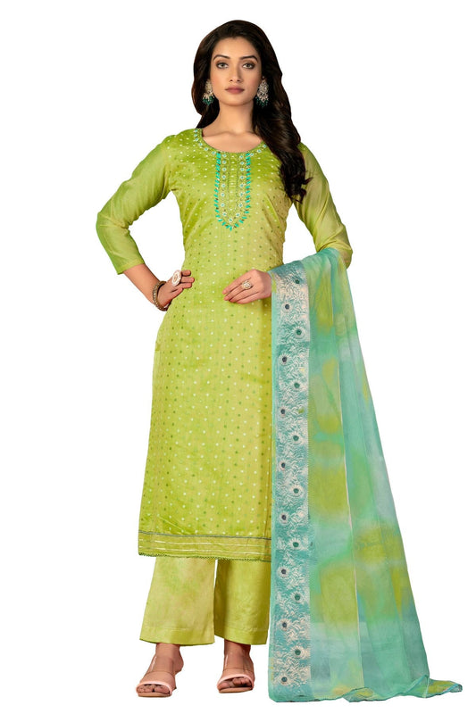 Green Unstitched Modal Cotton Jacquard Straight Suit NCUS11610329