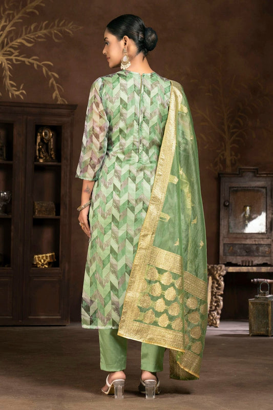 Green Unstitched Organza Jacquard Pant Style Suit NCUS11610126
