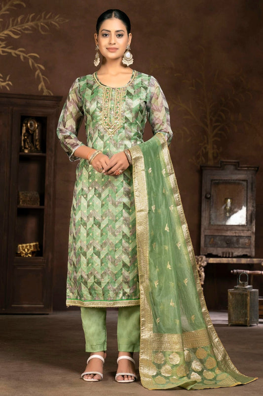 Green Unstitched Organza Jacquard Pant Style Suit NCUS11610126