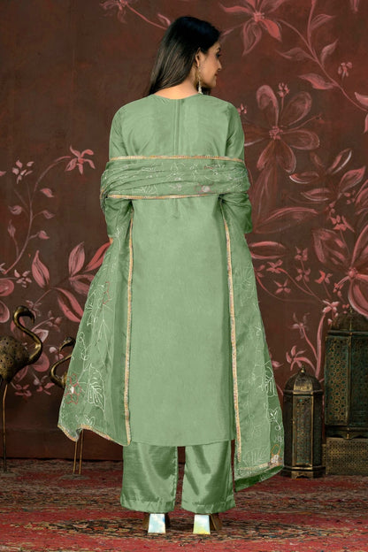 Green Unstitched Organza Jacquard Straight Suit NCUS11610129