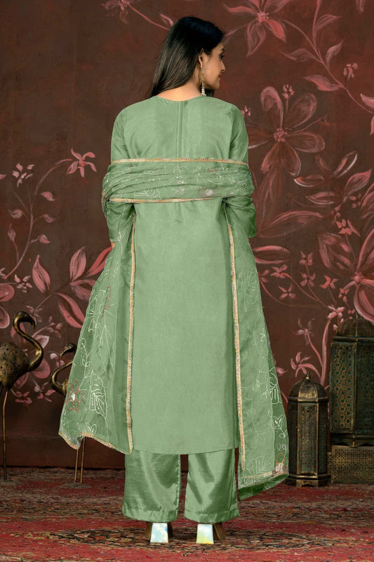Green Unstitched Organza Jacquard Straight Suit NCUS11610129