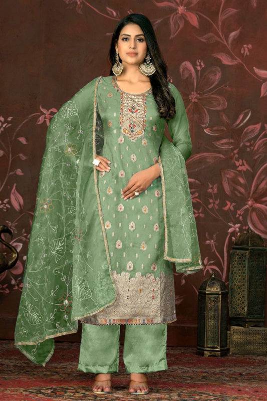 Green Unstitched Organza Jacquard Straight Suit NCUS11610129