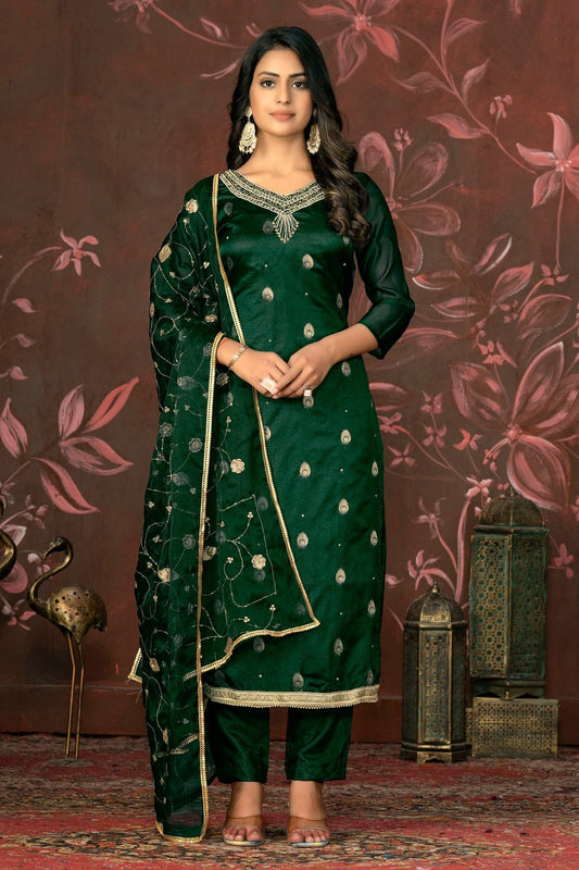 Green Unstitched Organza Jacquard Straight Suit NCUS11610140