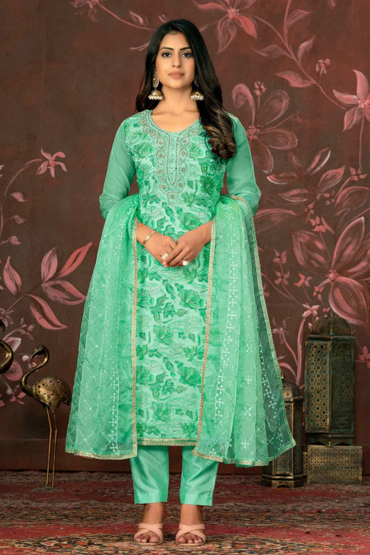 Green Unstitched Organza Pant Style Suit NCUS11610398