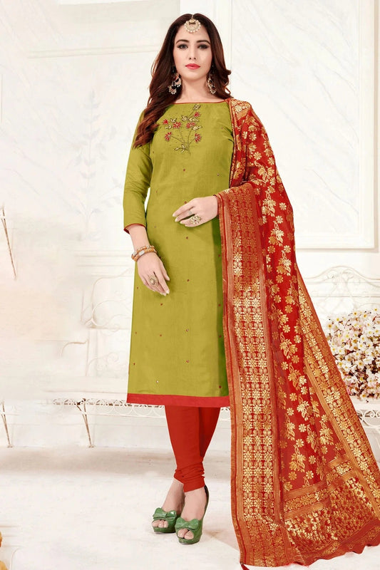 Green Unstitched Slub Cotton Churidar Suit NCUS11610191