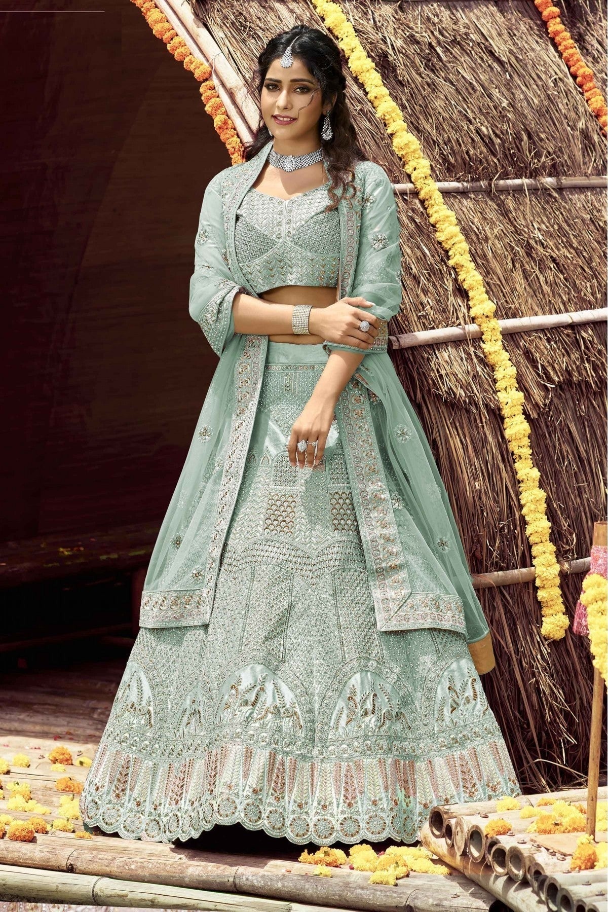Green Velvet Resham Lehenga Choli NCLC10810415