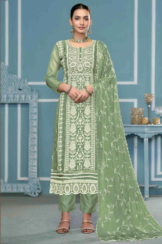 Green Viscose Organza Pant Style Suit NCSM11110756