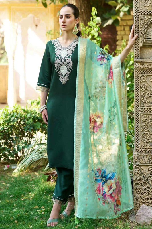 Green Viscose Rayon Embroidery Pant Style Suit NCSS11110376