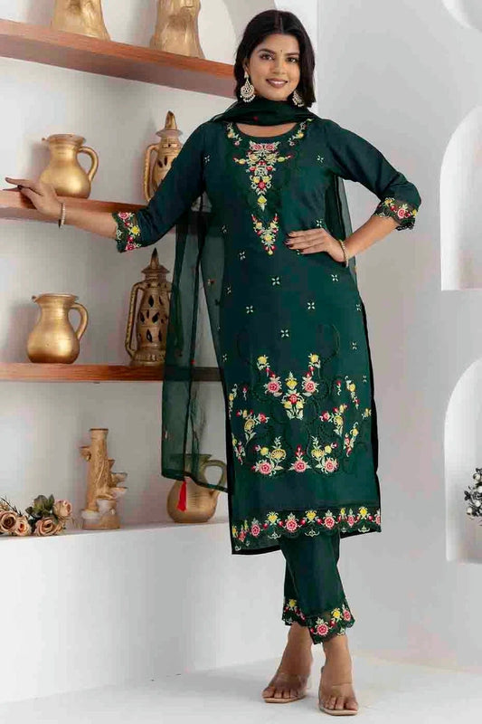 Green Viscose Silk Embroidery Pant Style Suit NCSS11110389
