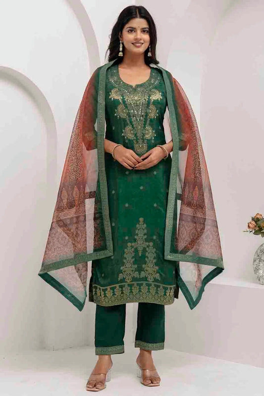 Green Viscose Silk Woven Pant Style Suit NCSS11110347