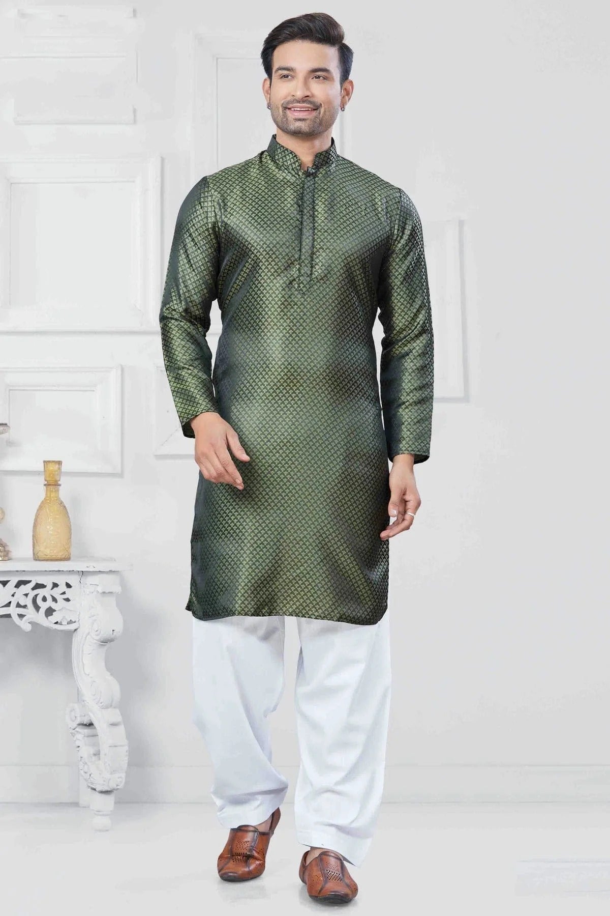 Green Woven Jacquard Silk Kurta Pajama NCKP11110534