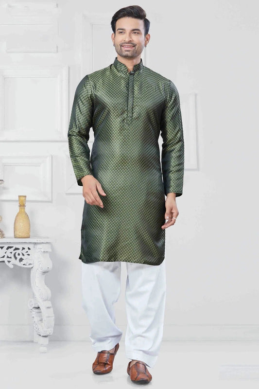 Green Woven Jacquard Silk Kurta Pajama NCKP11110534