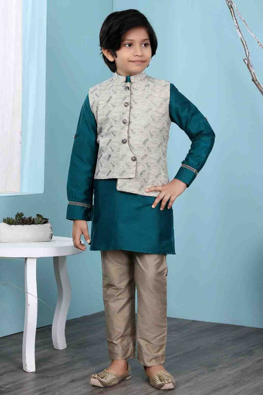 Green and Beige Cotton Silk Kurta PajamaWith Jacket  NCBW10710722