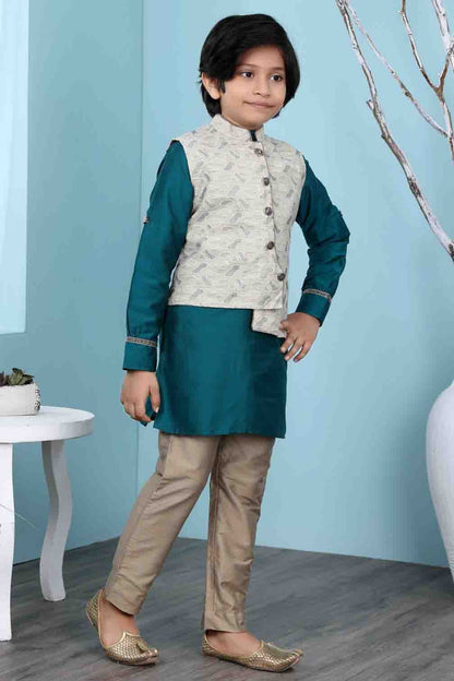 Green and Beige Cotton Silk Kurta PajamaWith Jacket  NCBW10710722