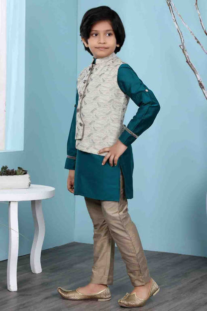 Green and Beige Cotton Silk Kurta PajamaWith Jacket  NCBW10710722