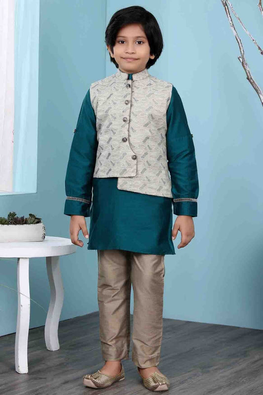 Green and Beige Cotton Silk Kurta PajamaWith Jacket NCBW10710722