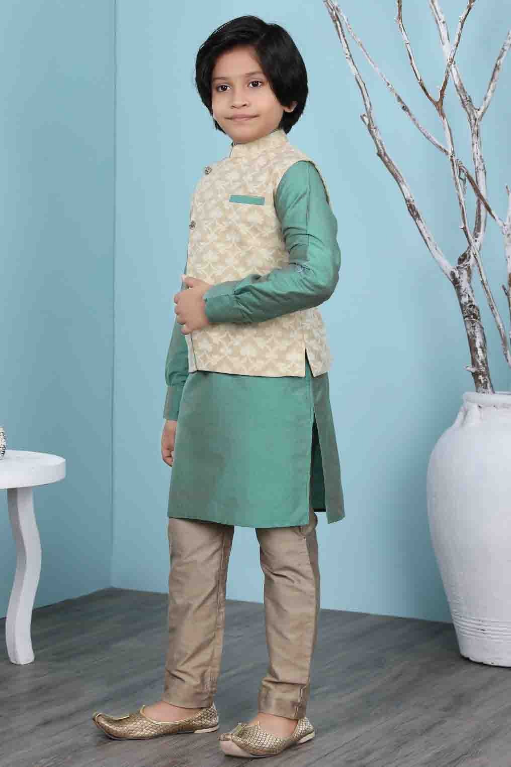 Green and Beige Cotton Silk Kurta PajamaWith Jacket  NCBW10710724